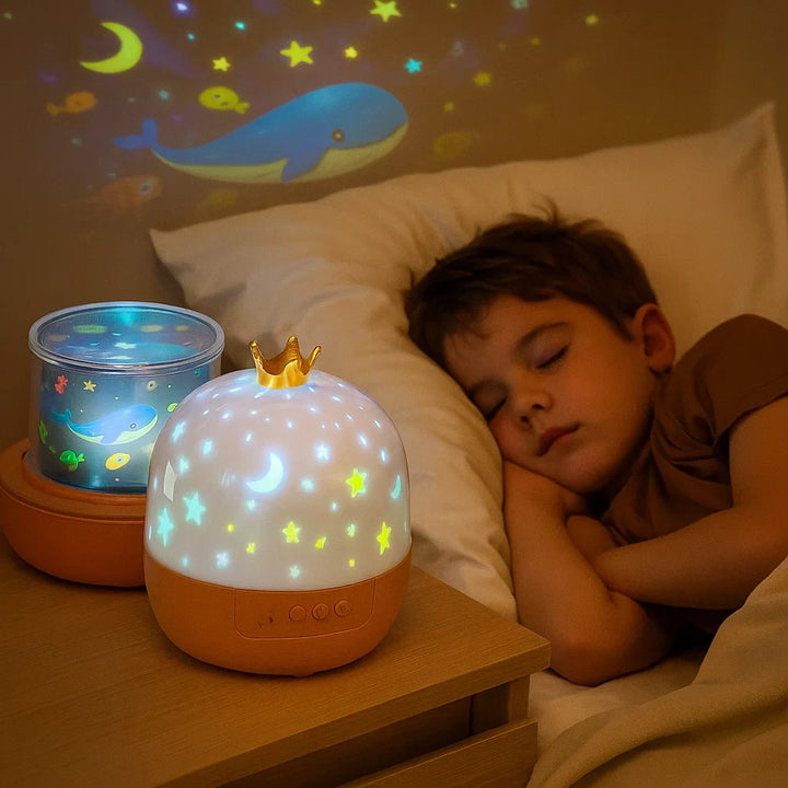 Proyector infantil mágico con luces de estrellas y luna, transforma dormitorio en cielo nocturno, ayuda al sueño de niños.