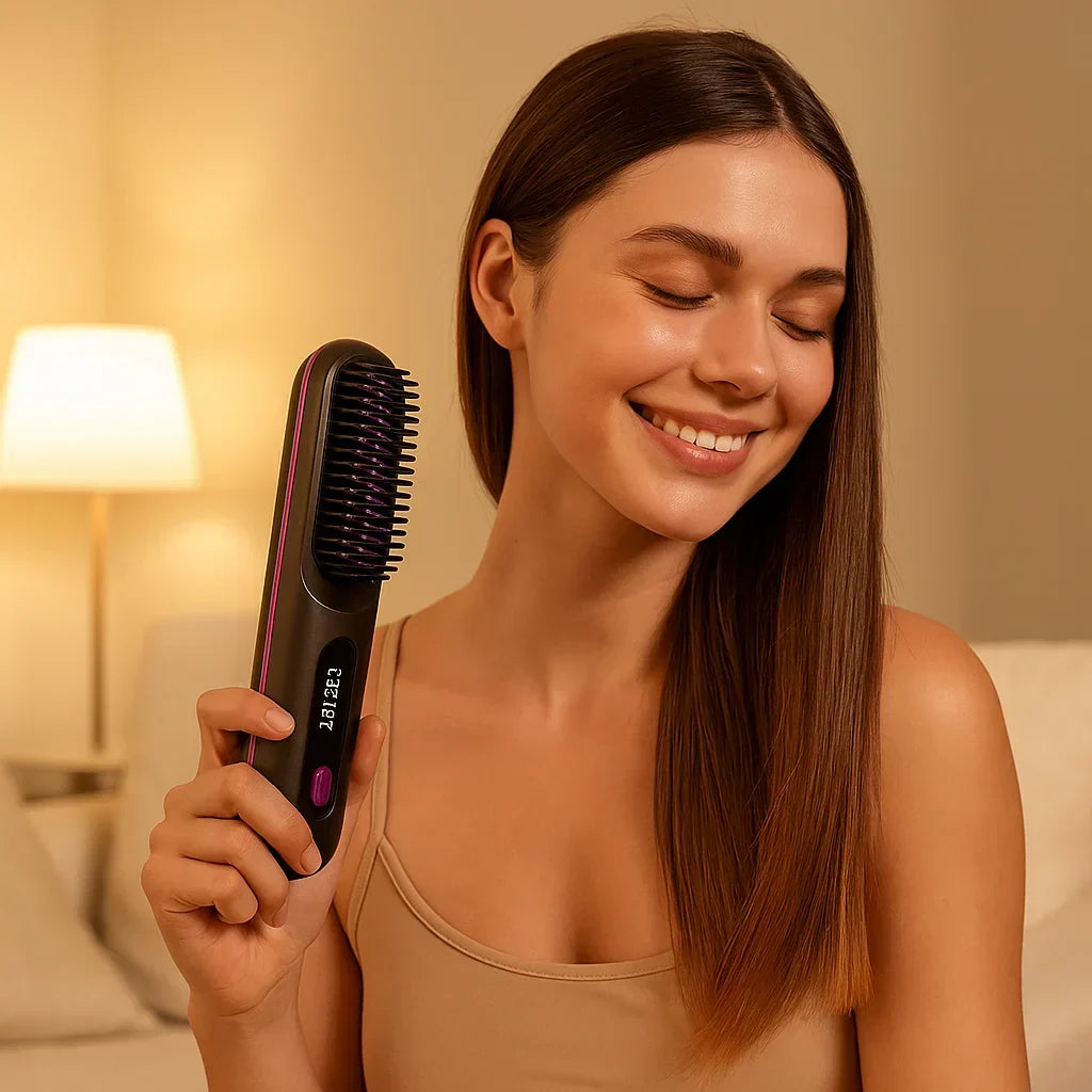 Mujer rizando su cabello con HitzeStyler. Rizador versátil para un estilo diario elegante y cabello perfecto.
