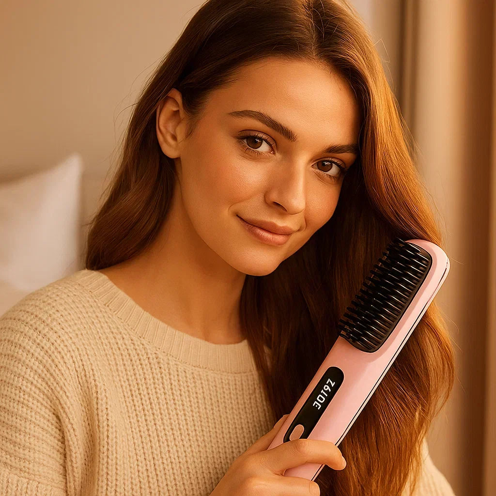 Detalle del dispositivo de peinado HitzeStyler. Diseño moderno para cuidado capilar y peinado rápido y efectivo.