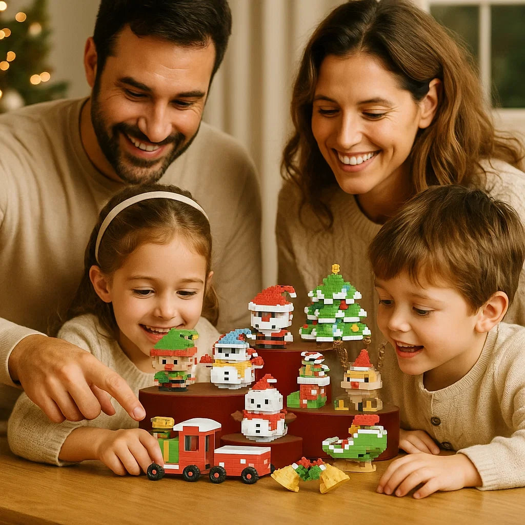 Figuras navideñas para construir, ideal para decoración de Navidad y juego familiar creativo.