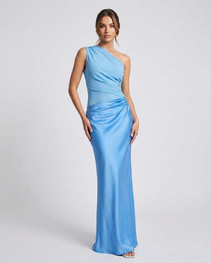 Vestido maxi azul elegante de un hombro para mujer, ideal para fiesta o noche.