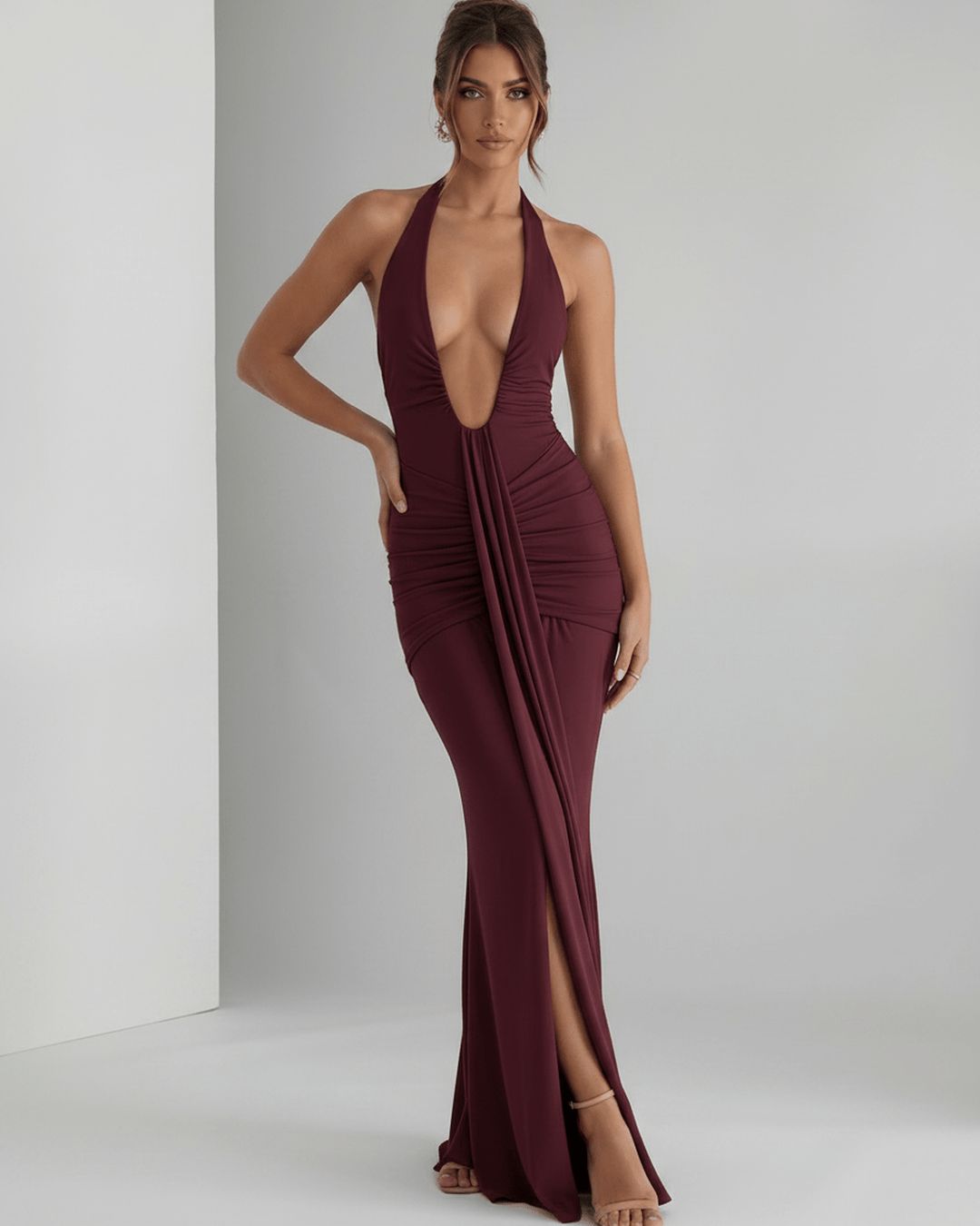 Vestido de fiesta halter, sin mangas, espalda descubierta, perfecto para el verano.