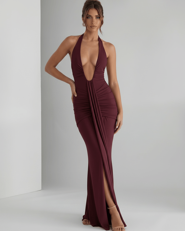 Vestido de fiesta halter, sin mangas, espalda descubierta, perfecto para el verano.
