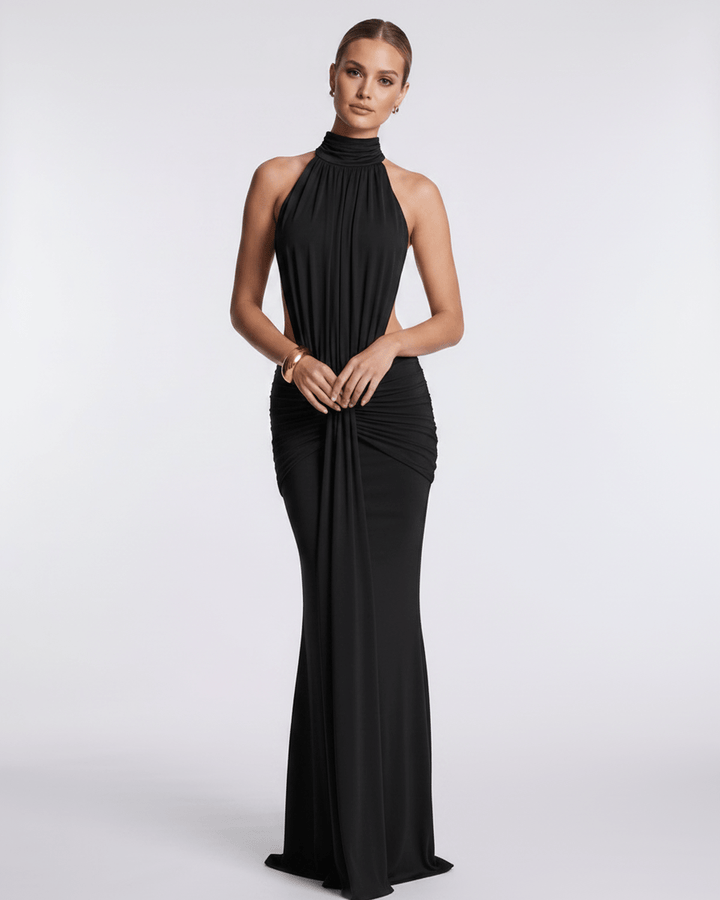 Vestido de fiesta con cuello halter y espalda abierta, estilo maxi, perfecto para la noche.