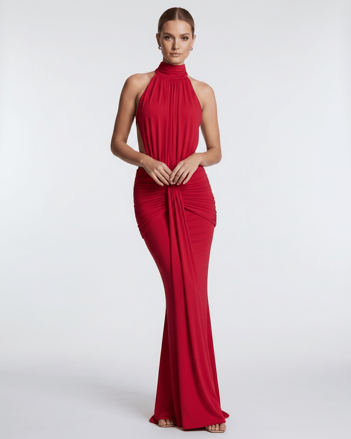 Vestido maxi de fiesta, cuello halter, espalda abierta, silueta elegante y femenina.