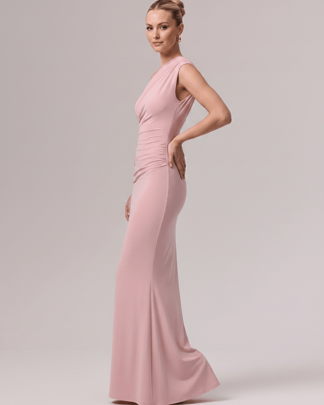 Vestido de noche elegante, corte de un hombro, maxi, formal, para mujer.