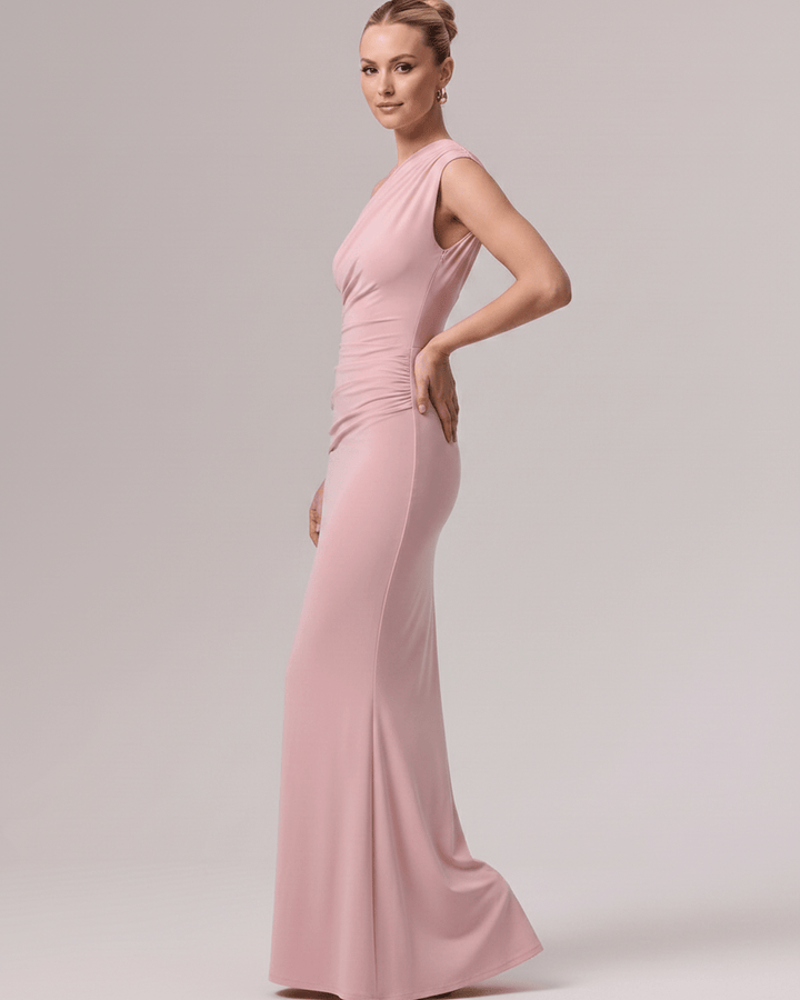Vestido de noche elegante, corte de un hombro, maxi, formal, para mujer.
