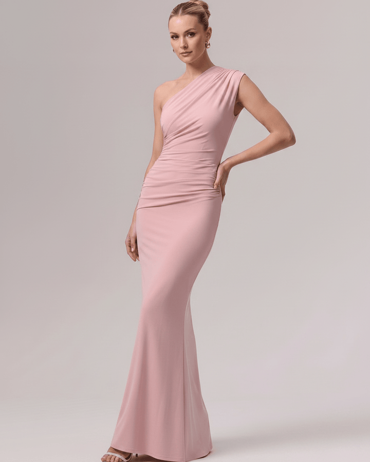 Elegante vestido de un hombro para mujer, maxi y sin mangas, ideal para fiestas.