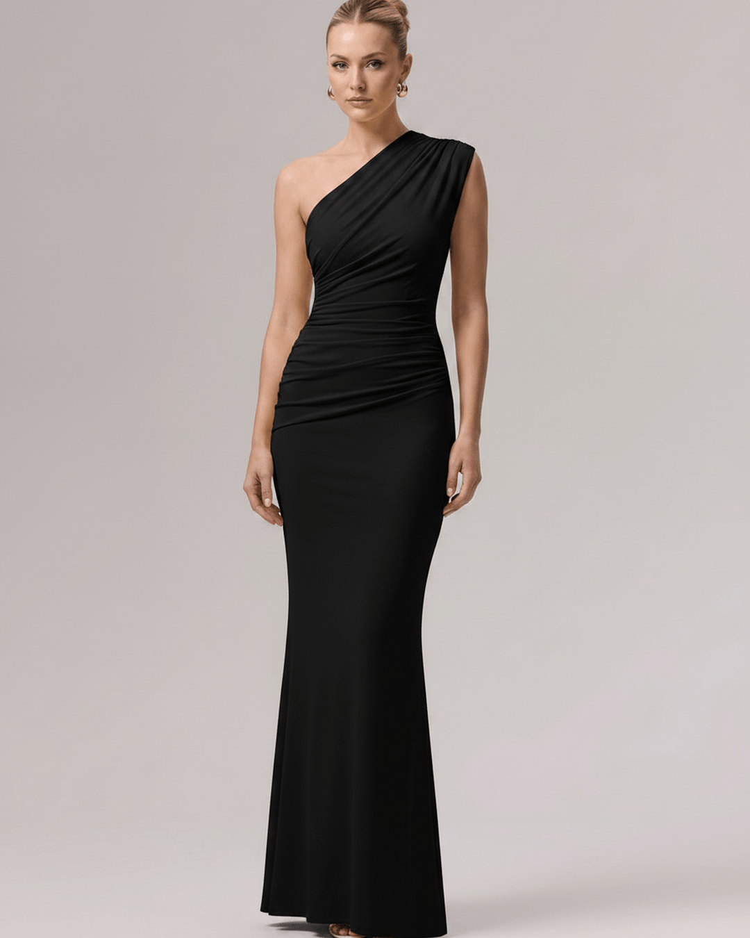 Vestido largo de noche con un hombro, elegante y sin mangas para mujer.