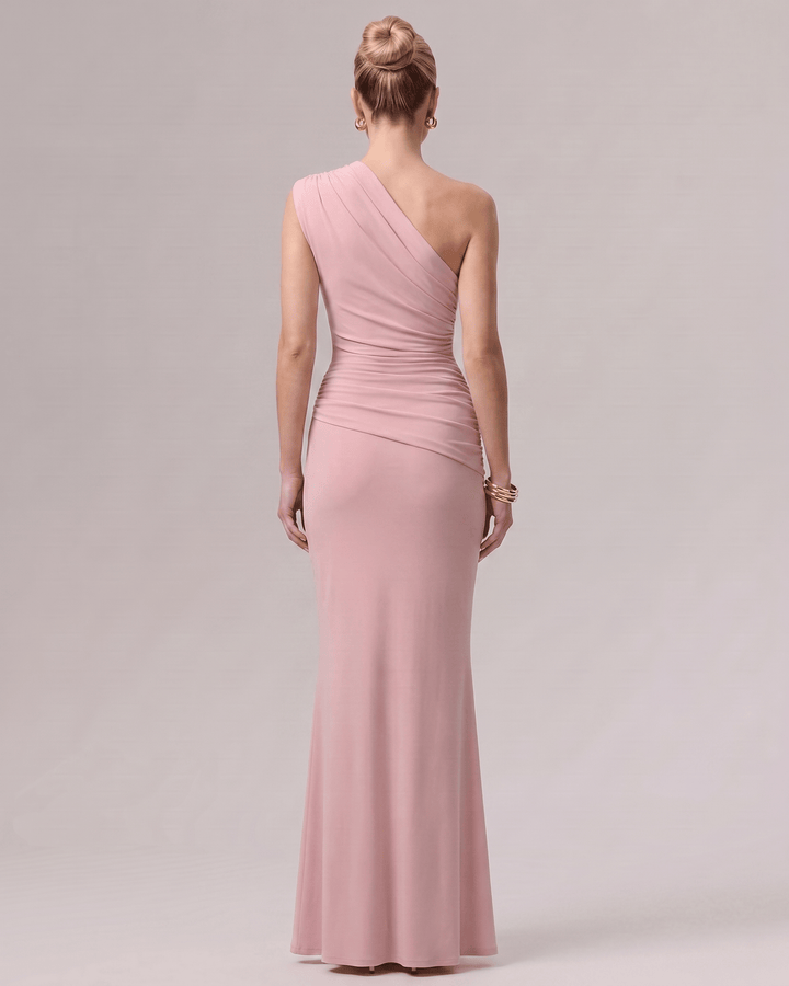 Vestido largo de fiesta para mujer, con estilo de un hombro y silueta columna.