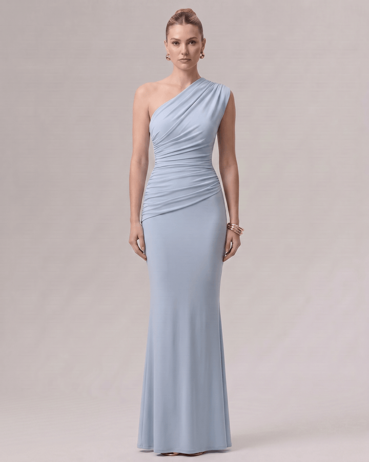 Vestido formal de invitada, un hombro, maxi, silueta columna, para mujer.