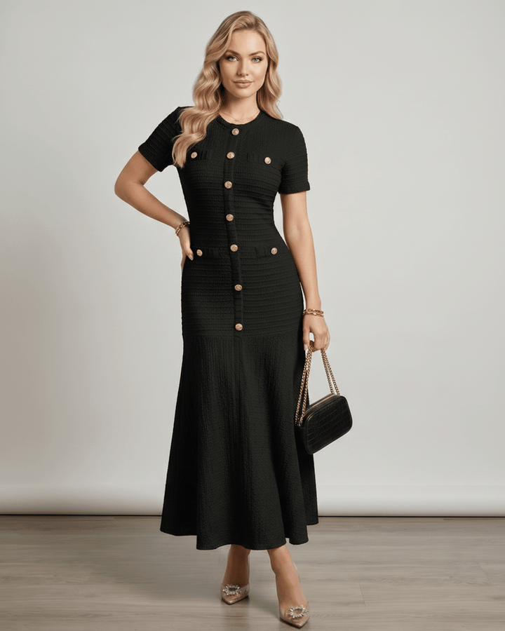 Vestido largo para mujer, cuello redondo, mangas cortas, perfecto para la moda femenina.