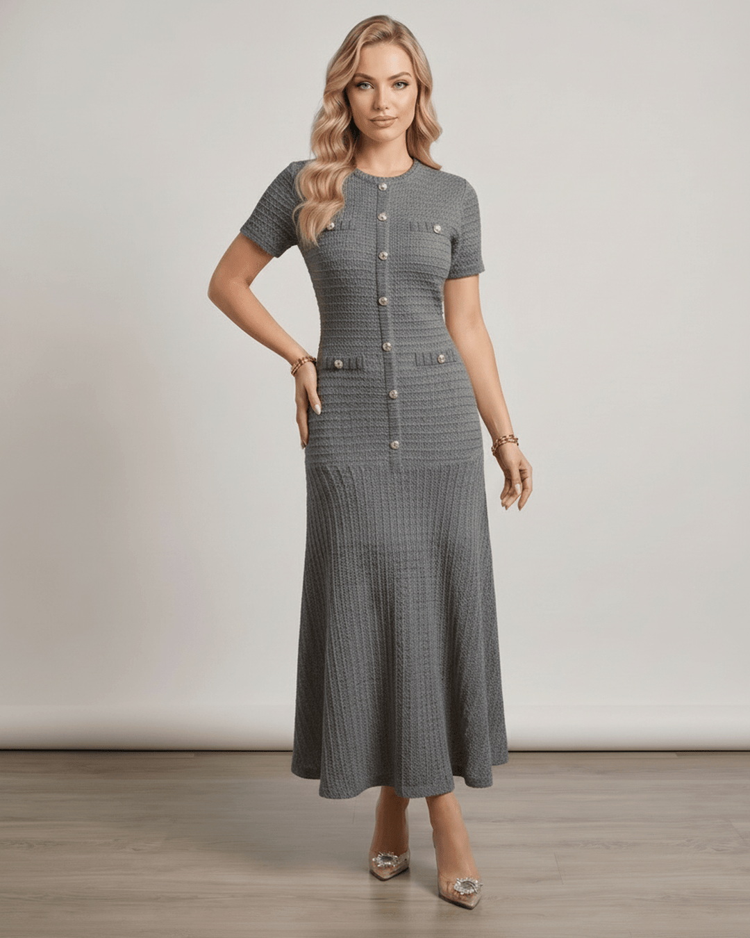 Vestido de fiesta versátil, con cuello redondo, mangas cortas, femenino y elegante.