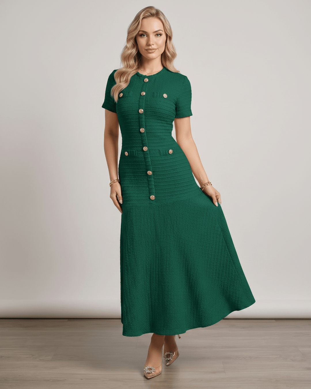 Vestido para mujer, maxi, con cuello redondo y mangas cortas, perfecto para el verano.