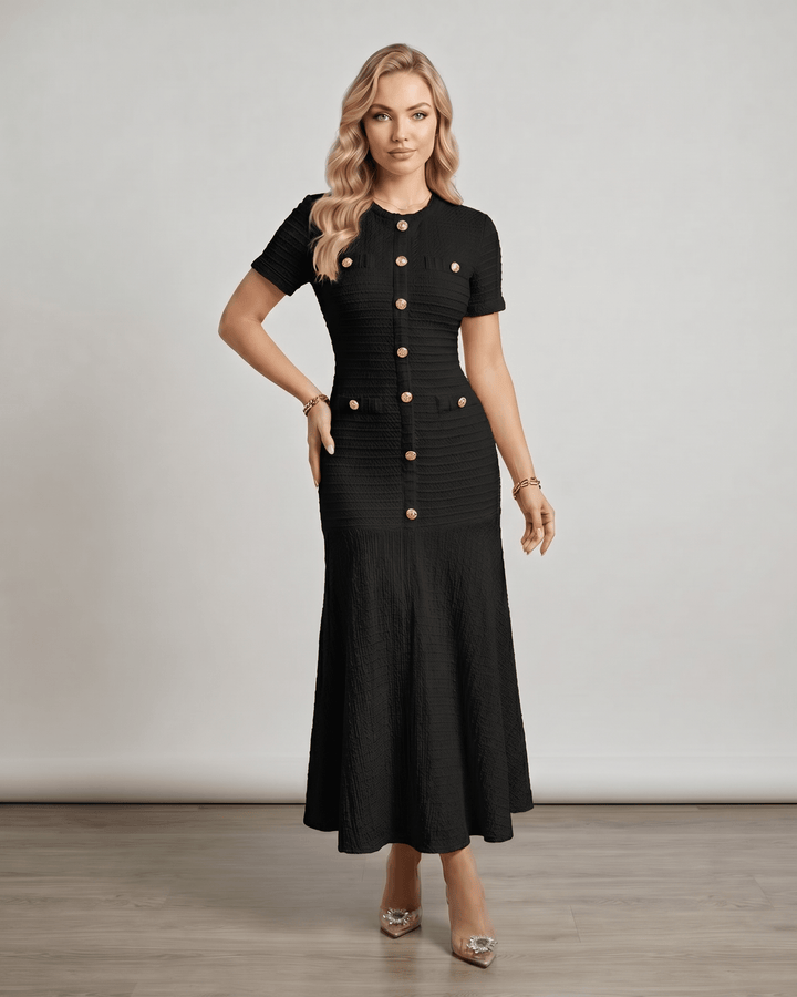 Vestido maxi de verano para mujer, tejido fluido, con cuello redondo y mangas cortas.
