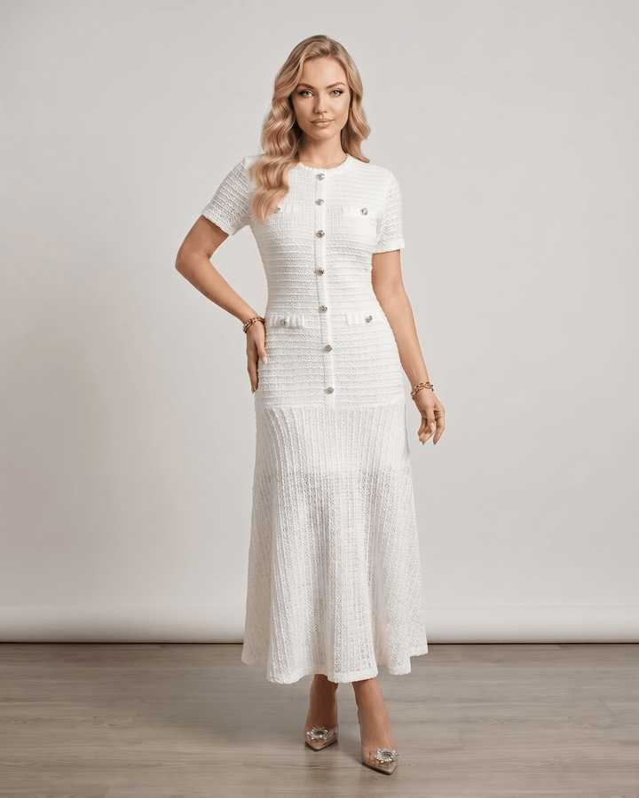 Vestido maxi para mujer, elegante y versátil, con cuello redondo y mangas cortas.