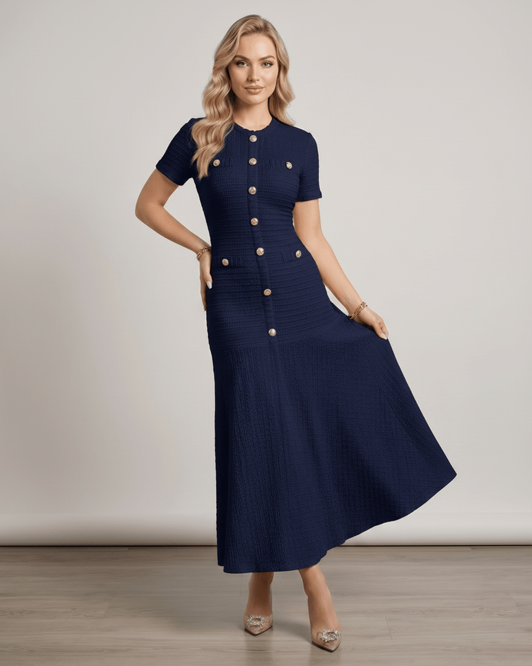 Vestido de noche para mujer, maxi, fluido, con mangas cortas, para un estilo refinado.