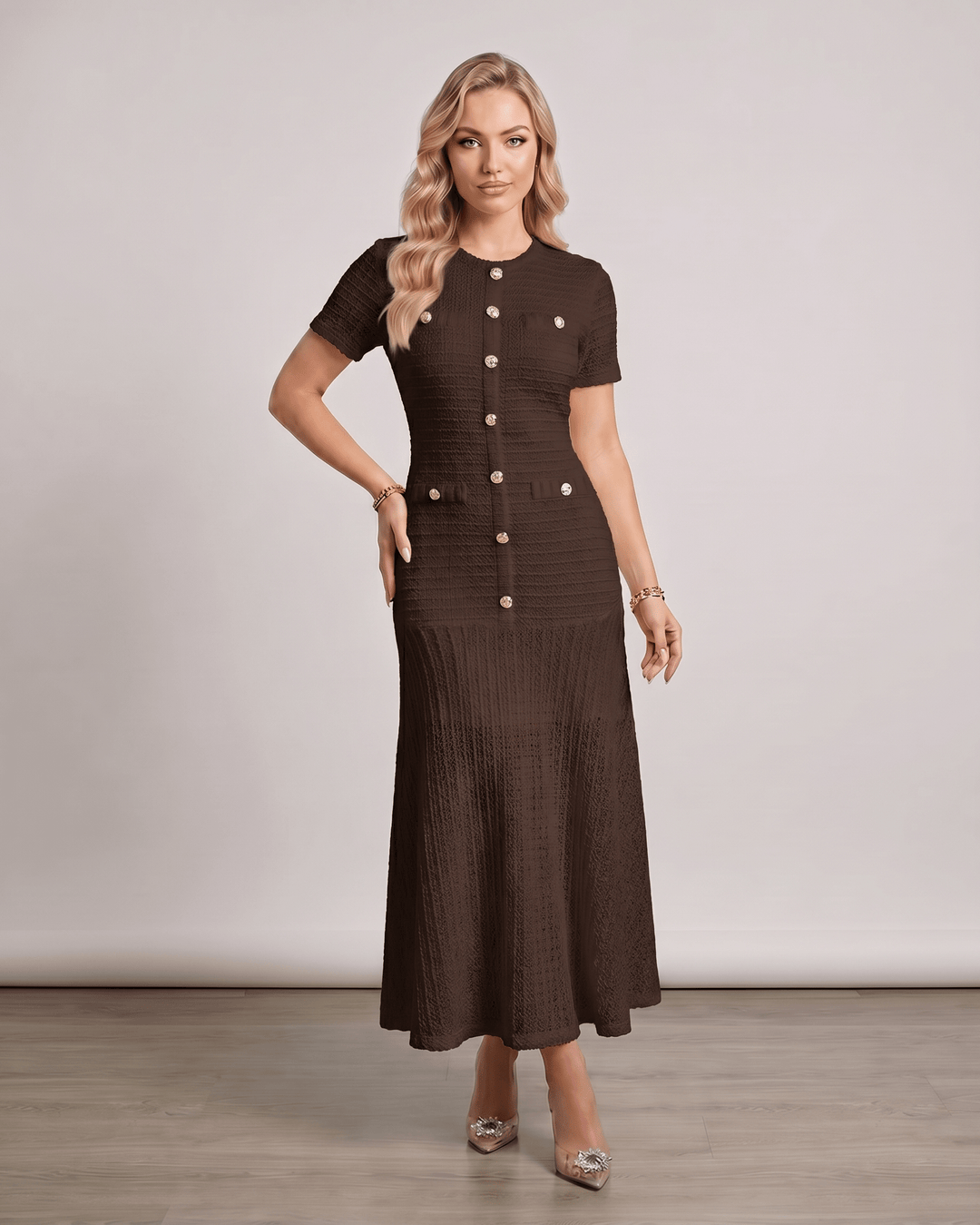 Vestido maxi para mujer, cuello redondo, mangas cortas, versátil y cómodo para el verano.