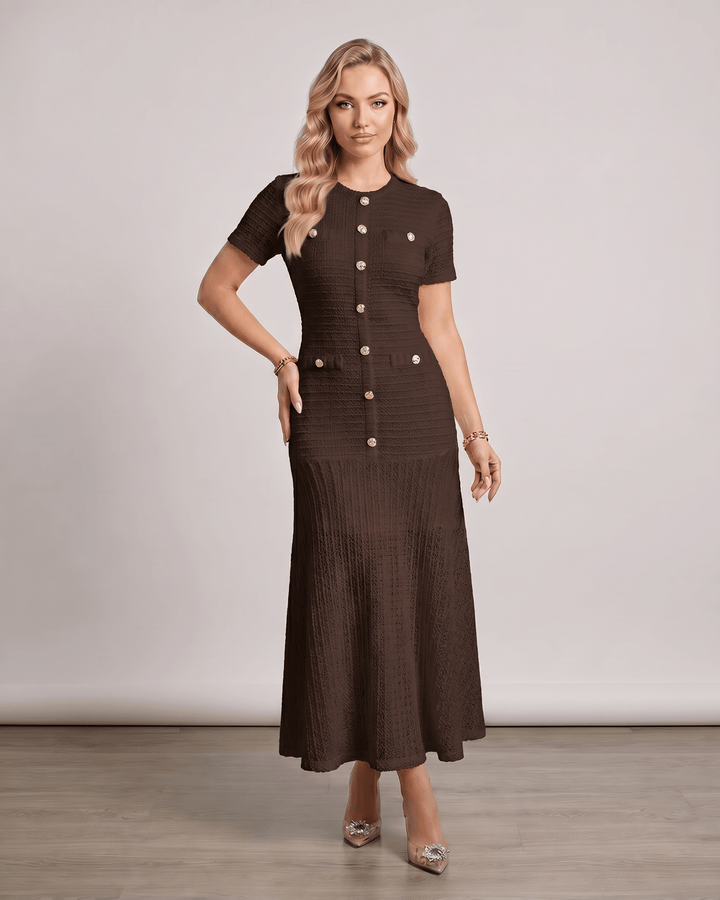Vestido maxi para mujer, cuello redondo, mangas cortas, versátil y cómodo para el verano.