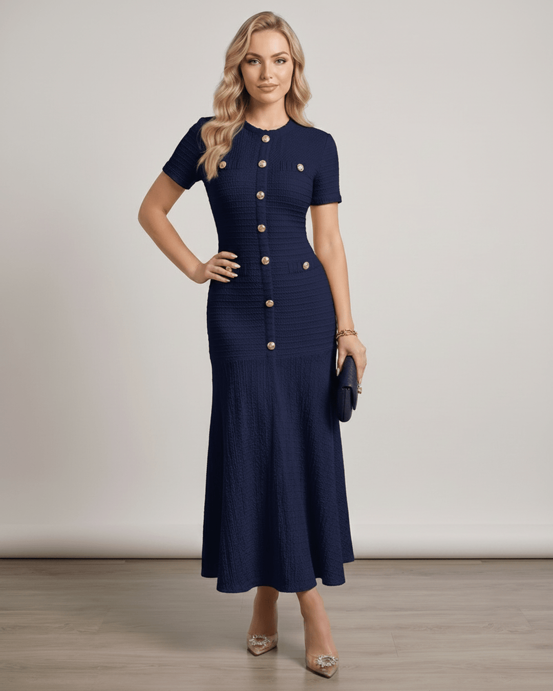 Vestido de fiesta con mangas cortas, cuello redondo, silueta en A, moderno y cómodo.