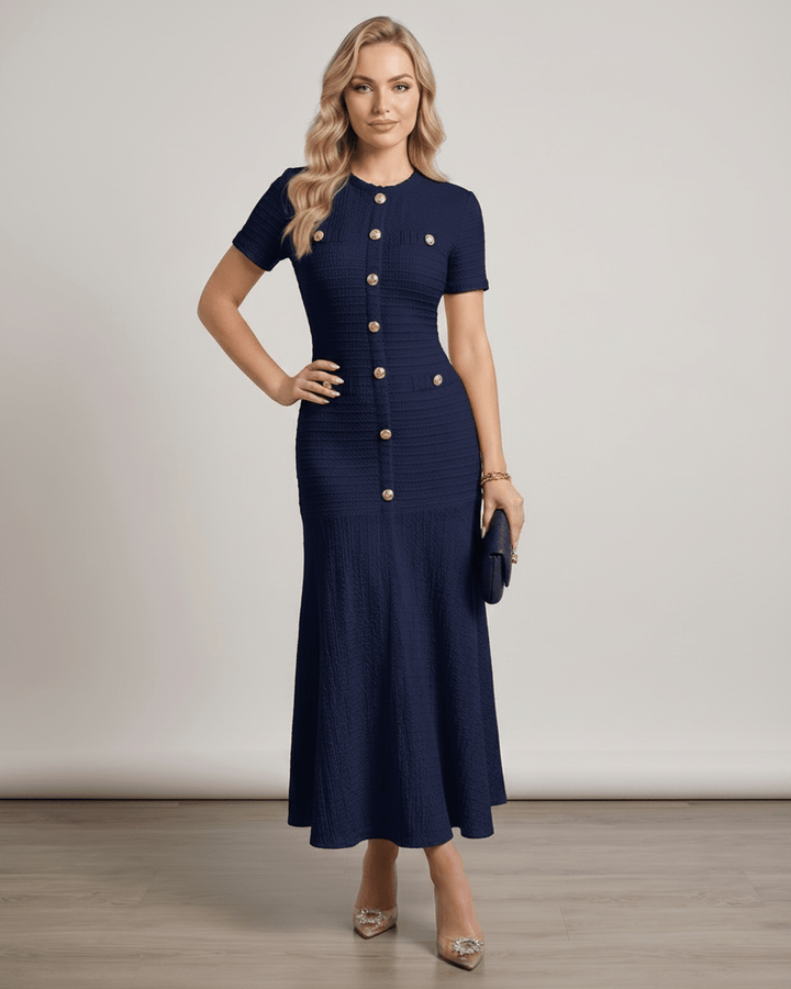 Vestido de fiesta con mangas cortas, cuello redondo, silueta en A, moderno y cómodo.