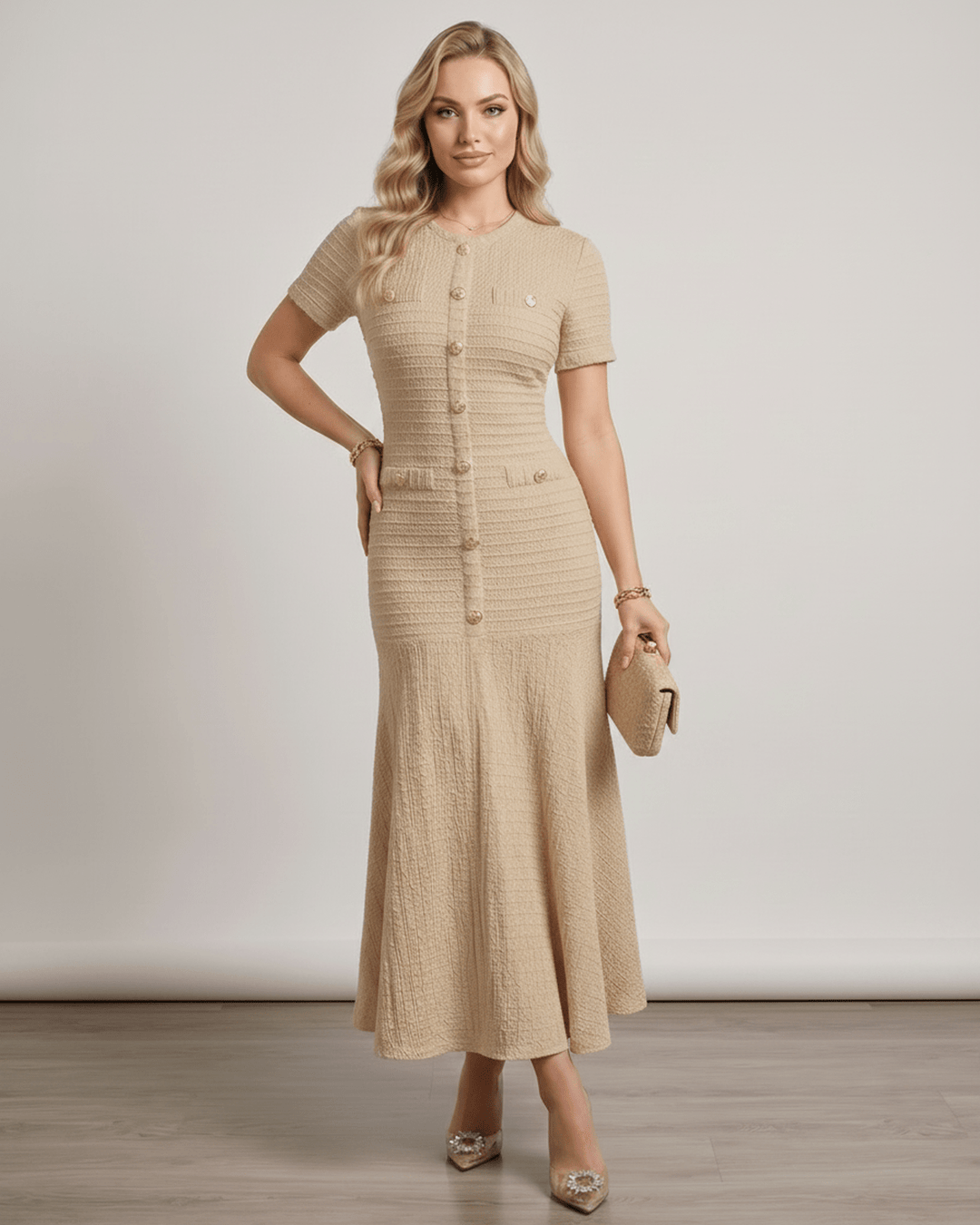 Vestido largo de noche, estilo fluido, sofisticado y cómodo para eventos especiales.