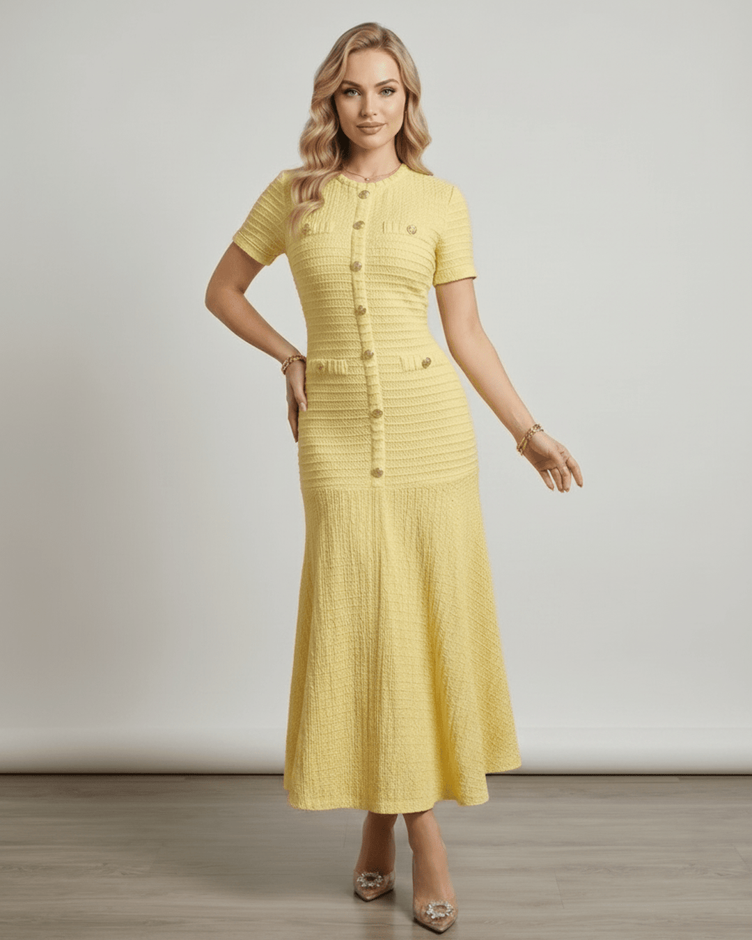 Ropa de verano: vestido maxi femenino con mangas cortas, ideal para un look casual o formal.