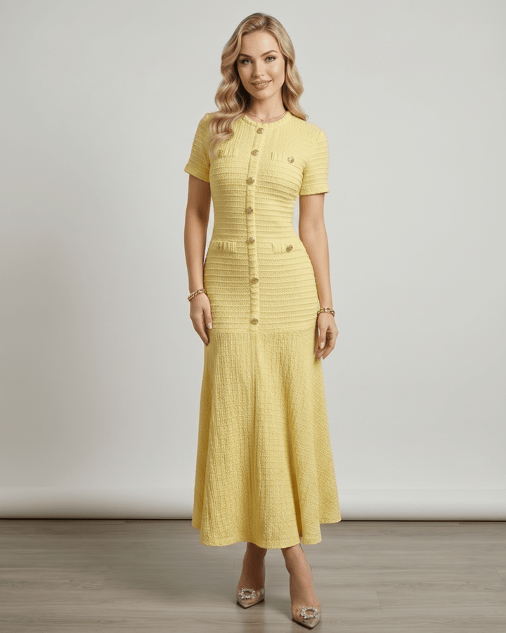 Vestido de fiesta elegante para mujer, corte A, cuello redondo, estilo veraniego fluido.