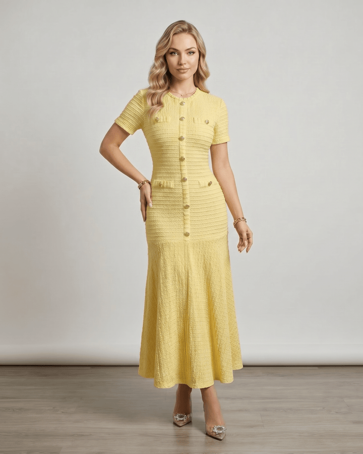 Vestido maxi elegante para mujer, silueta A, cuello redondo, ideal para fiesta o noche de verano.