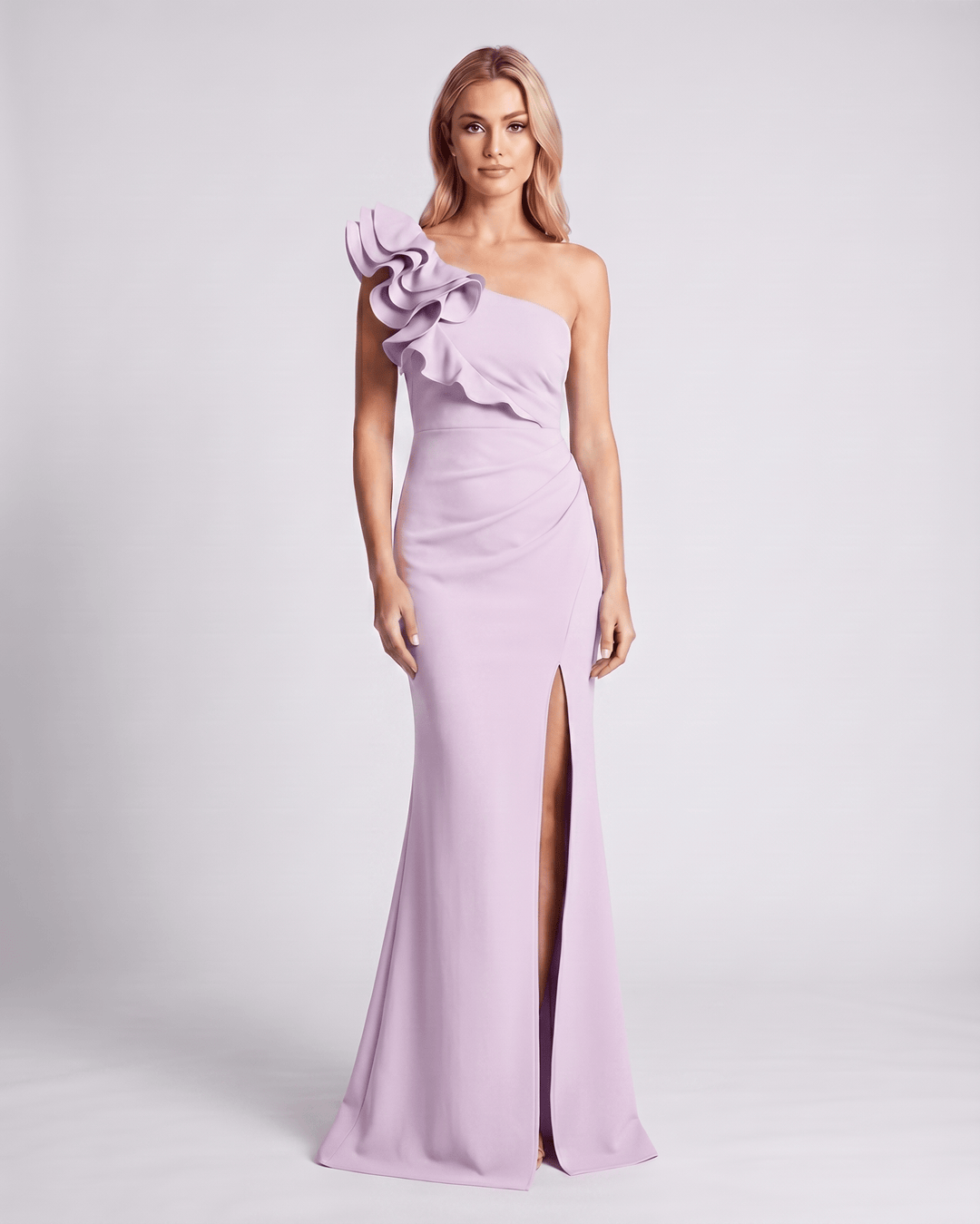 Elegante vestido de noche, un hombro con volantes, para mujer, estilo maxi.