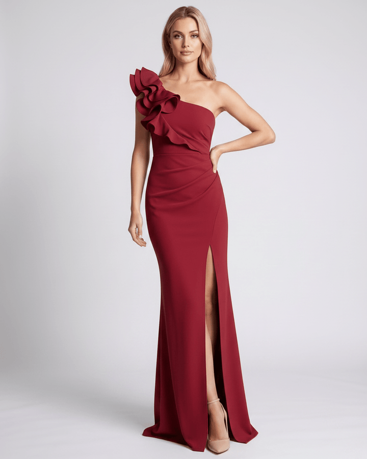 Vestido de noche formal para mujer, volantes en un hombro, corte largo.