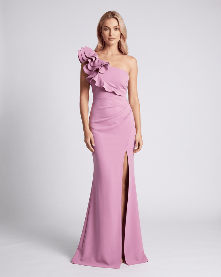 Vestido maxi de noche elegante para mujer, diseño un hombro con volantes, ideal para fiestas y eventos.