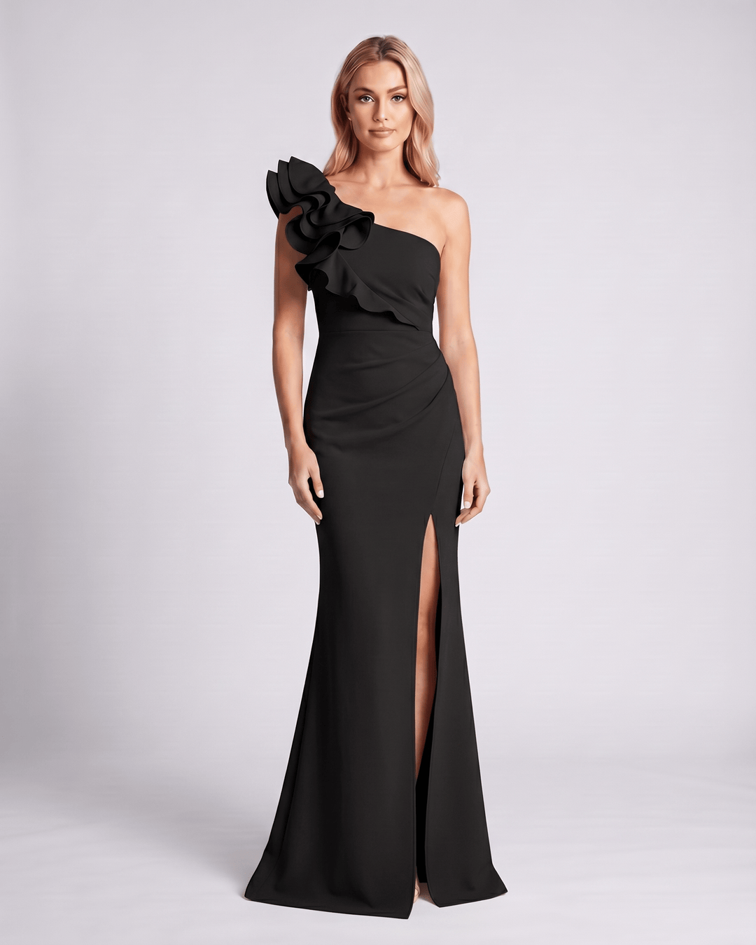 Vestido de fiesta para mujer, un hombro, volantes elegantes, silueta fluida.