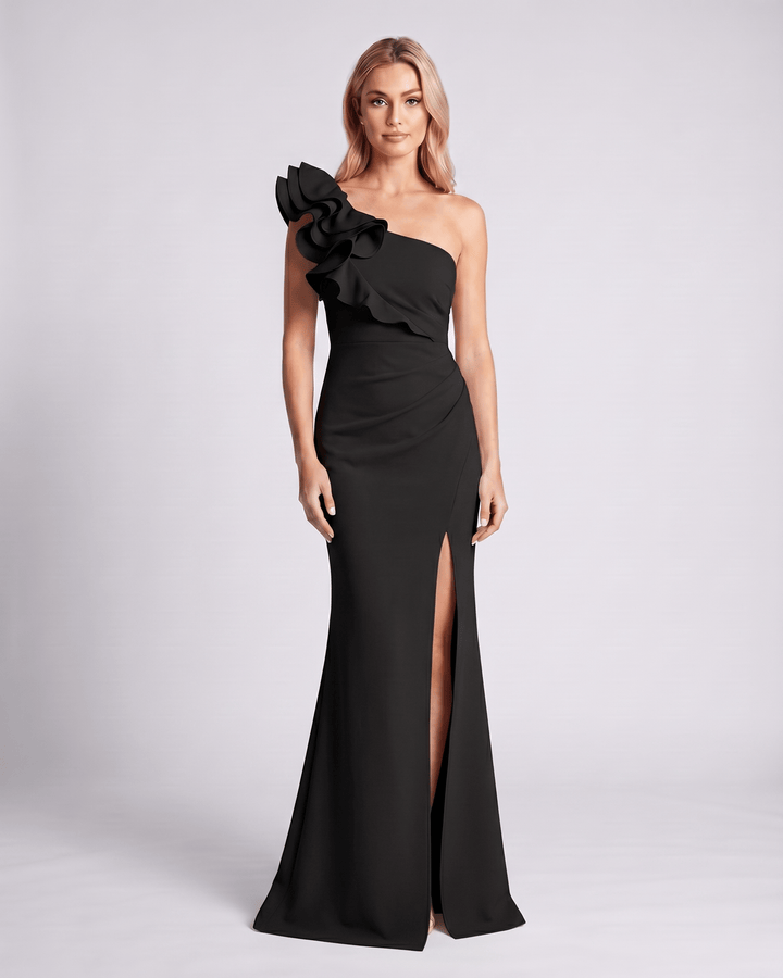 Vestido de fiesta para mujer, un hombro, volantes elegantes, silueta fluida.
