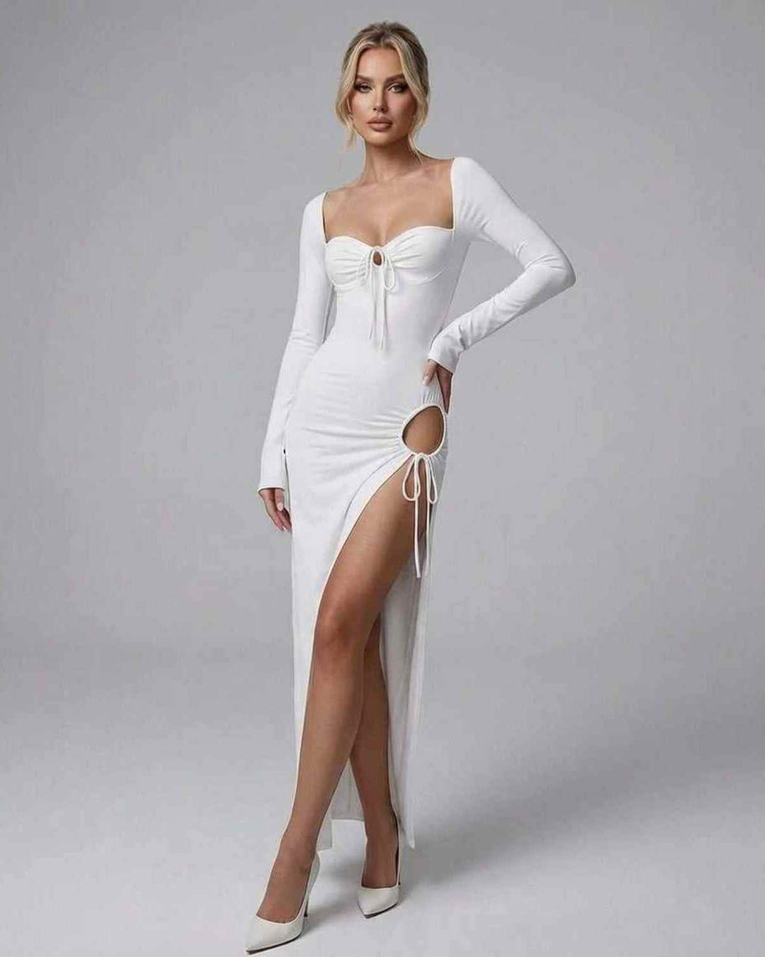 Vestido de fiesta blanco maxi para mujer, elegante y con abertura, perfecto para ocasiones especiales.