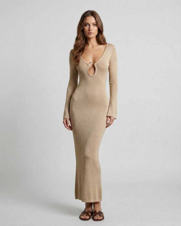 Vestido maxi Aurora para mujer, brillante, escote V, manga larga. Elegancia ideal para noches de fiesta.