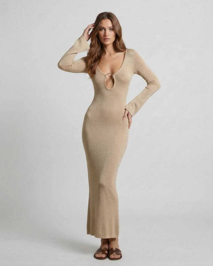 Vestido maxi de mujer Aurora con manga larga, escote V, diseño brillante. Ropa de fiesta sofisticada.
