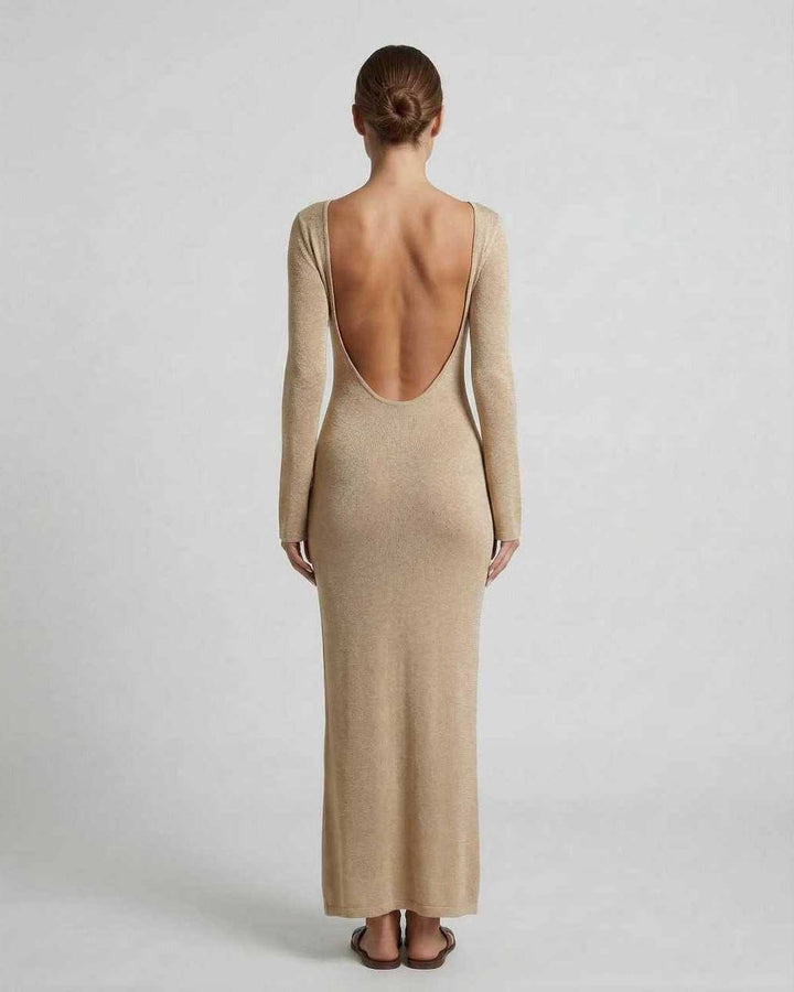 Vestido de noche Aurora ajustado con silueta sheath, manga larga y escote V, ideal para fiesta.