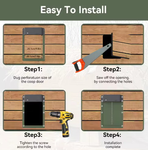 Puerta automática robusta para aves de corral, con doble alimentación solar y batería, ideal para seguridad en cualquier gallinero.