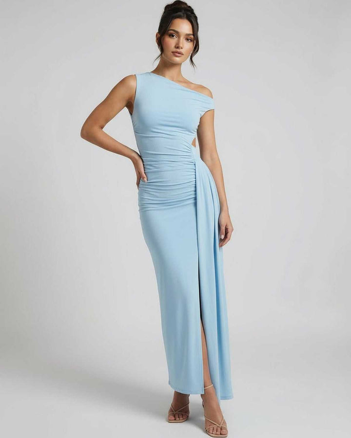 Vestido maxi azul marino de un hombro para mujer, estilo elegante y moderno para fiestas de noche y ocasiones.