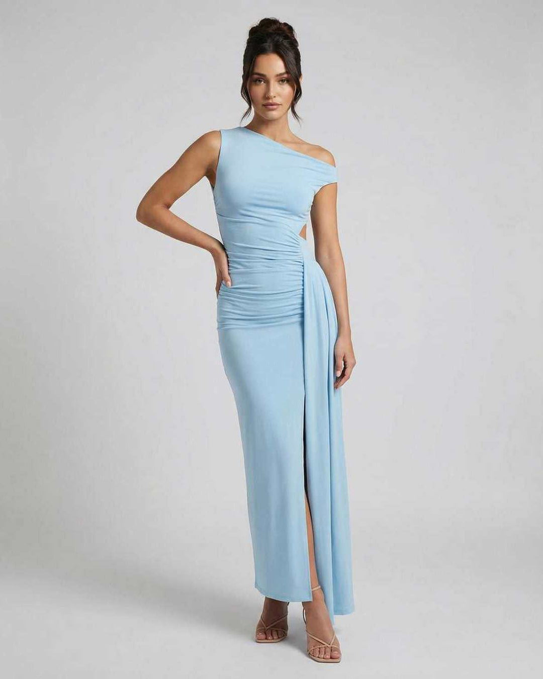 Vestido maxi azul elegante de un hombro para mujer, ideal para fiesta, cóctel y ocasiones especiales.