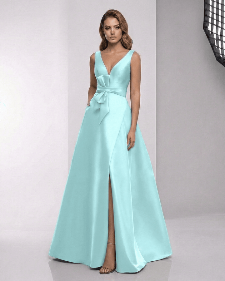 Vestido maxi de noche verde menta para mujer, elegante, con escote en V, ideal para fiesta o boda.