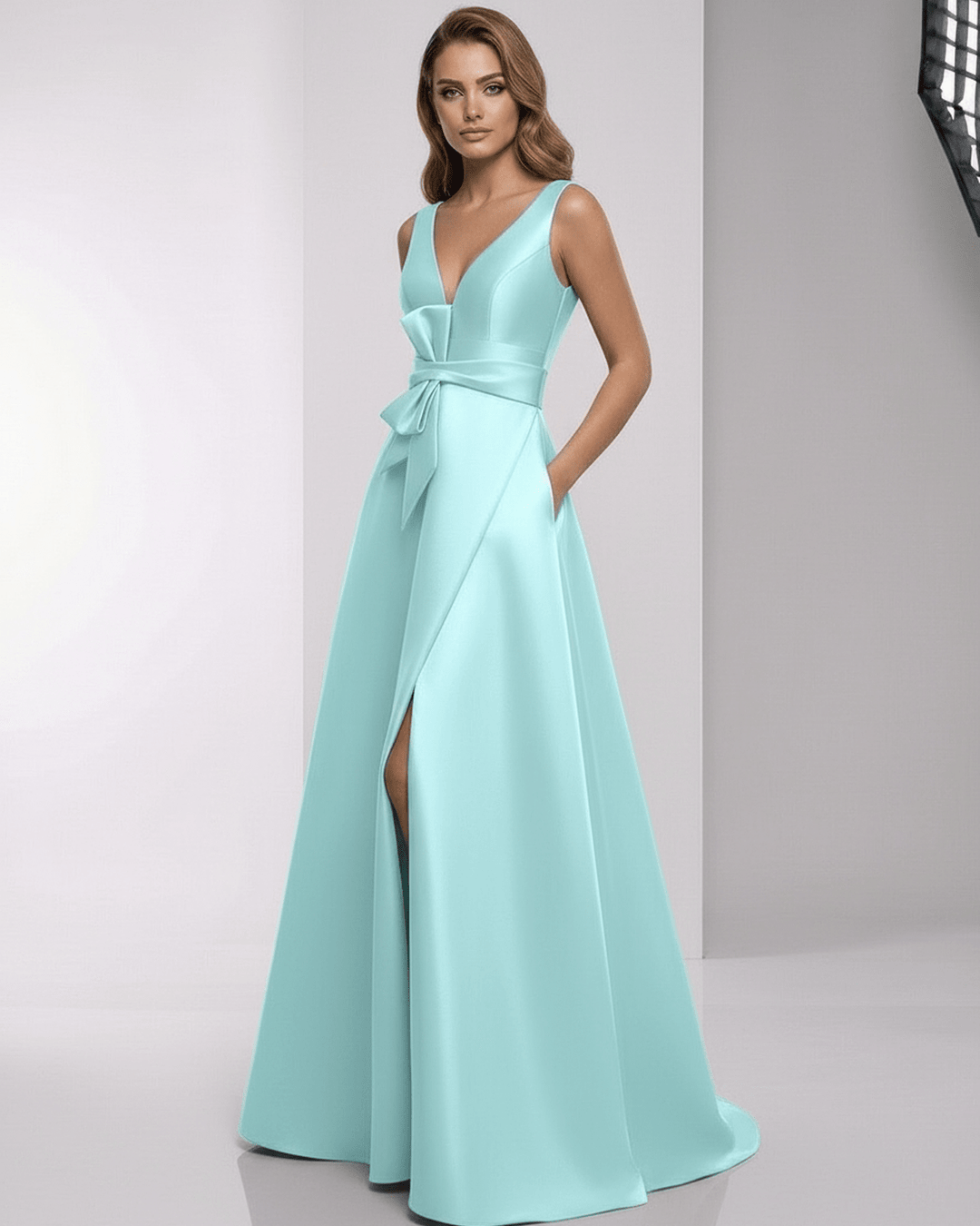 Atractivo vestido maxi verde menta para mujer, elegante escote en V, perfecto para cualquier ocasión especial de noche.