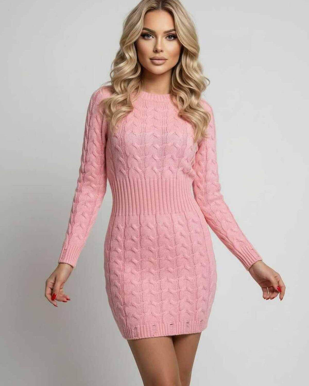 Elegante vestido mini rosa de mujer, con detalle de cintura torcida. Perfecto para otoño y primavera.