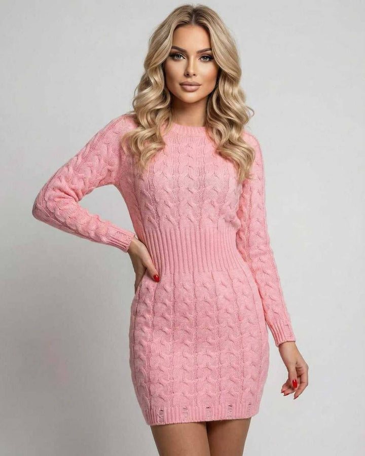 Vestido mini Azalea rosa para mujer con elegante cintura torcida y manga larga. Ideal estilo chic de oficina.
