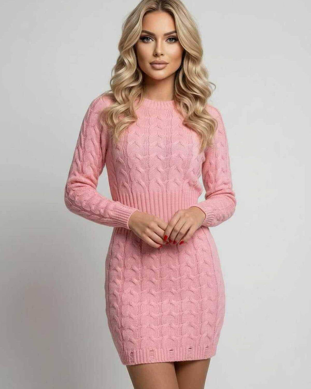 Vestido de mujer rosa, mini, con manga larga y cintura torcida. Elegancia casual para primavera y otoño.