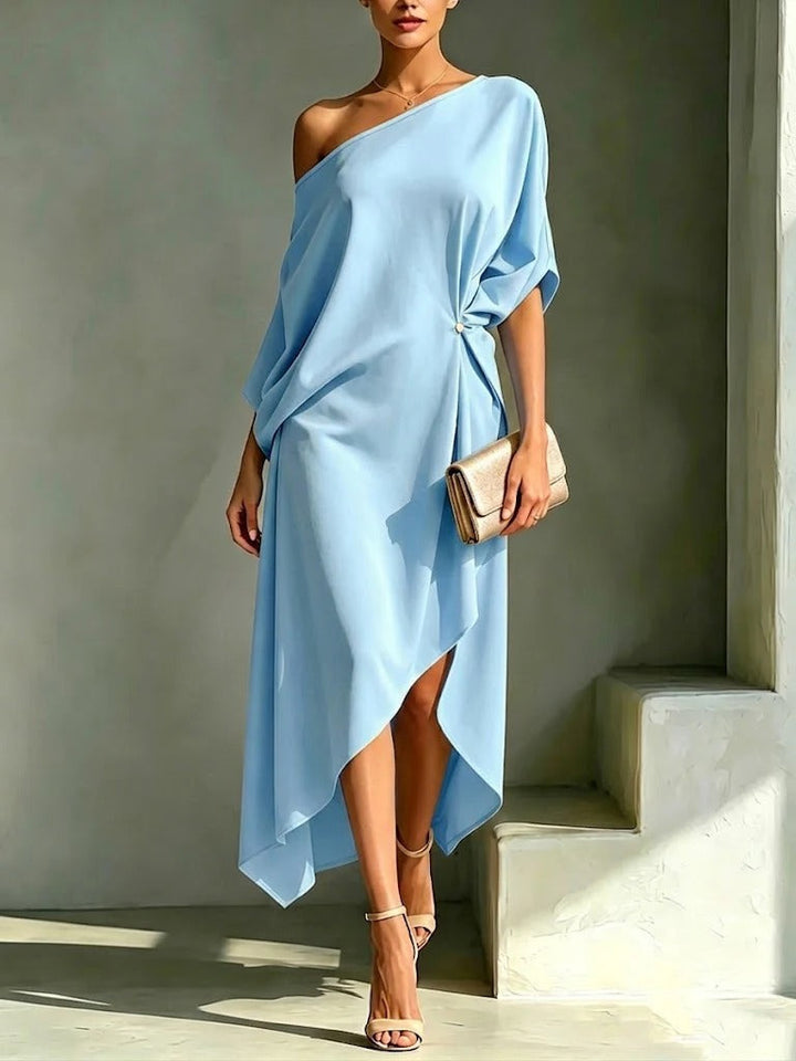 Chic vestido midi asimétrico de mujer con hombro descubierto, perfecto para eventos o un look casual de verano.
