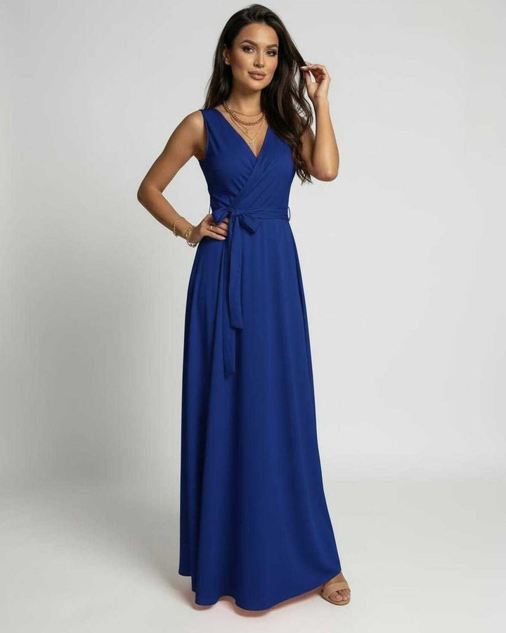 Vestido azul elegante para mujer con escote en V, fluido. Perfecto como vestido de fiesta o noche atemporal.
