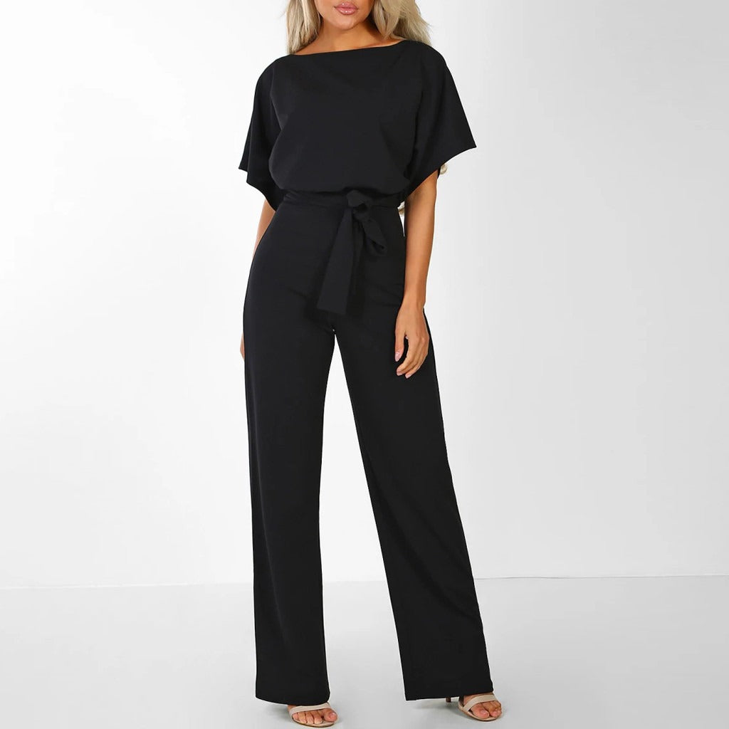 Mono chic para mujer con diseño sofisticado, pierna ancha y cinturón, perfecto para fiesta o verano.