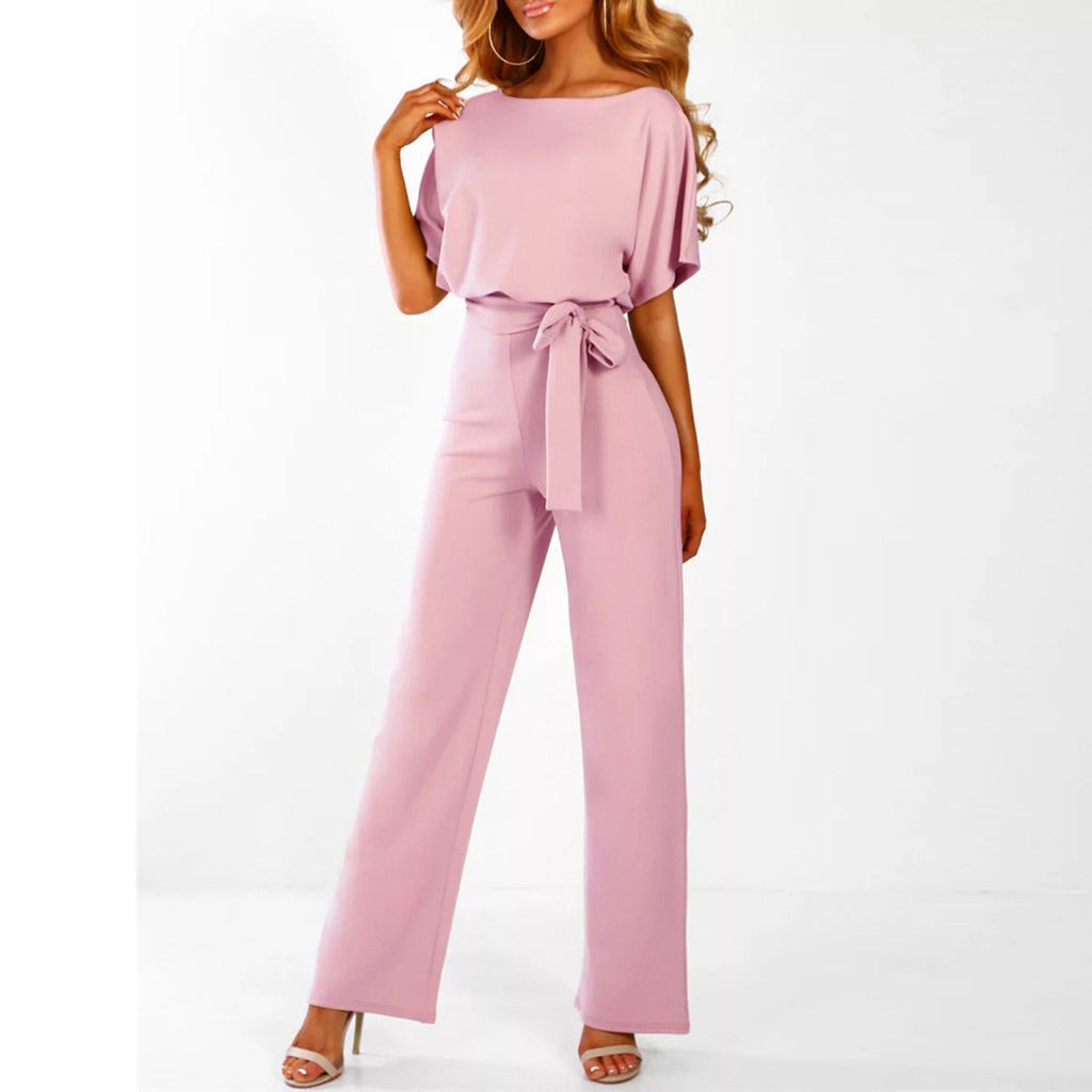 Mono de verano para mujer, estilo chic con pierna ancha y cinturón, ideal para eventos y fiestas.
